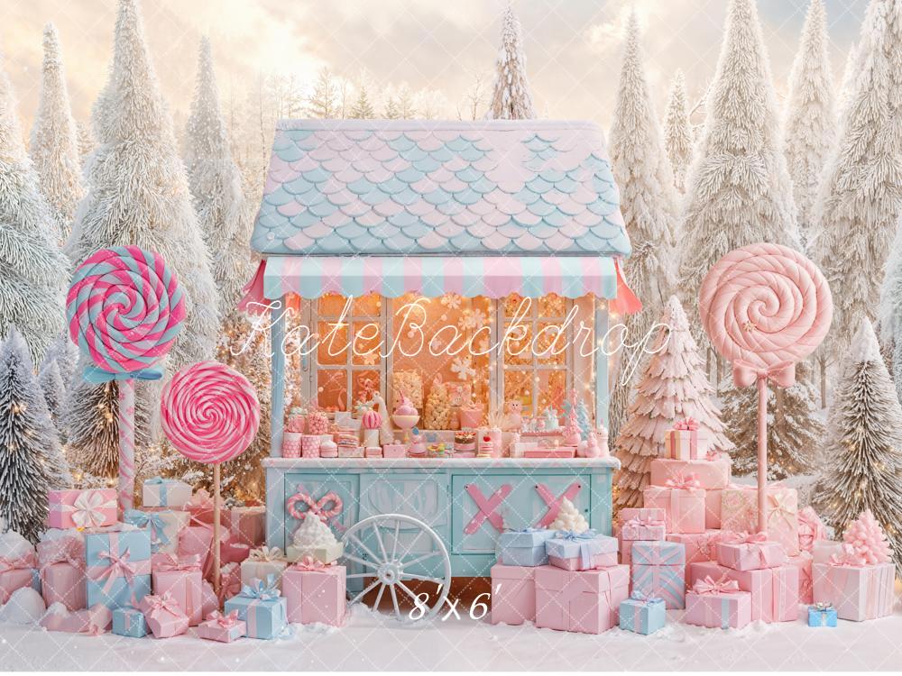 Kate Christmas Candy Stand Lollipops Gift Snowy Pastel Backdrop Designed by Emetselch