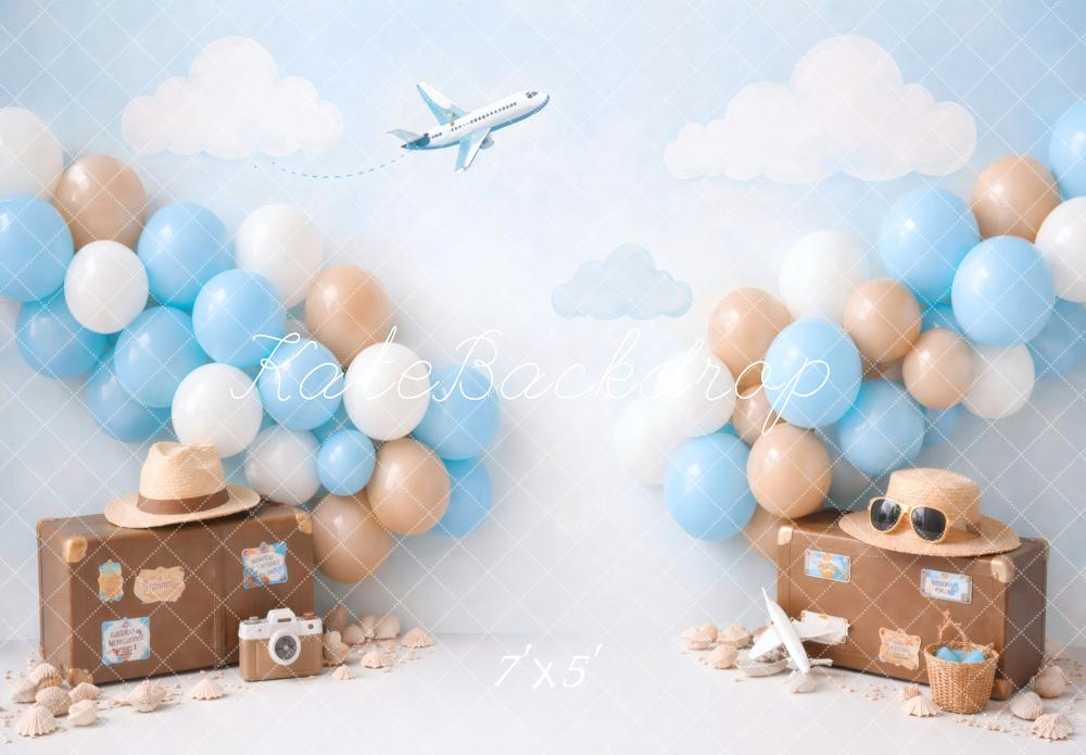 Kate Cake Smash Travel Suitcases Airplane Balloons Clouds Printed Backdrop Designed by Vertigo Productions