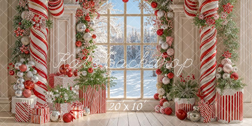 Kerst Snoepstok Retro Boogvenster Foto Achtergrond Designed by Emetselch