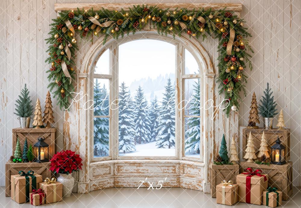 Kate Christmas Vintage Window Garland Gifts Snowy Forest Printed Backdrop Designed by Mini MakeBelieve