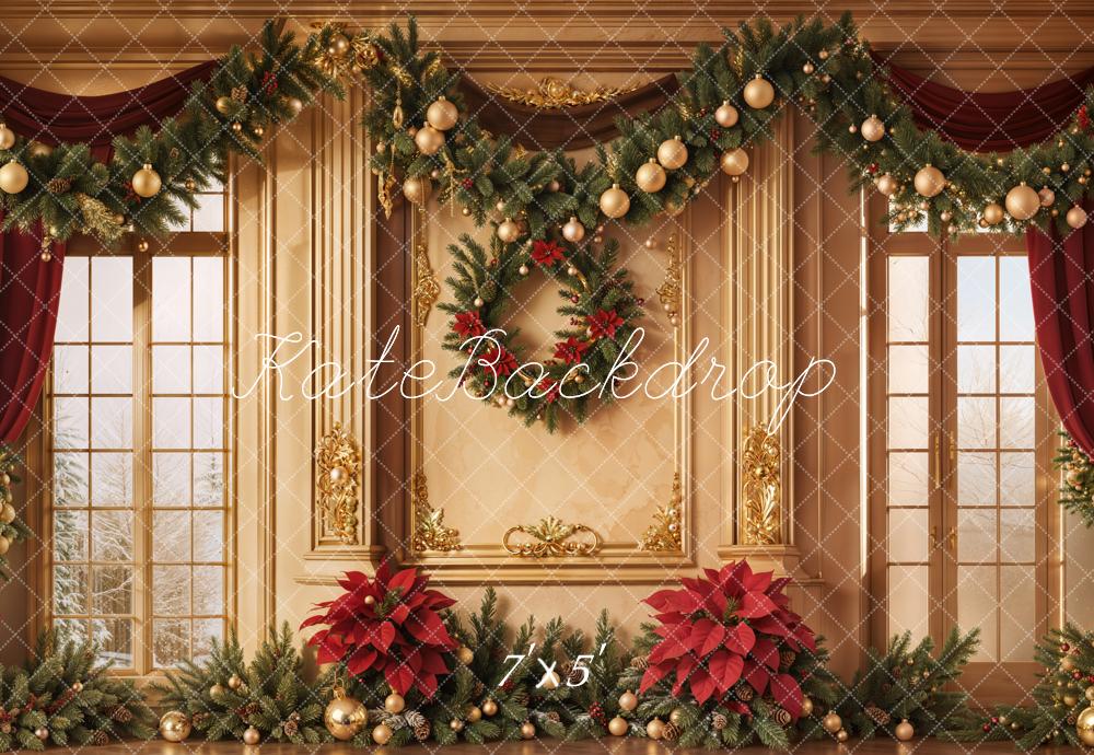 Kate Christmas Window Poinsettia Curtains Backdrop Designed by Emetsel