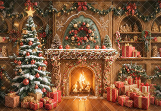 Kate Christmas Fireplace Gingerbread Tree Garland Presents Printed Backdrop Designed by Emetselch
