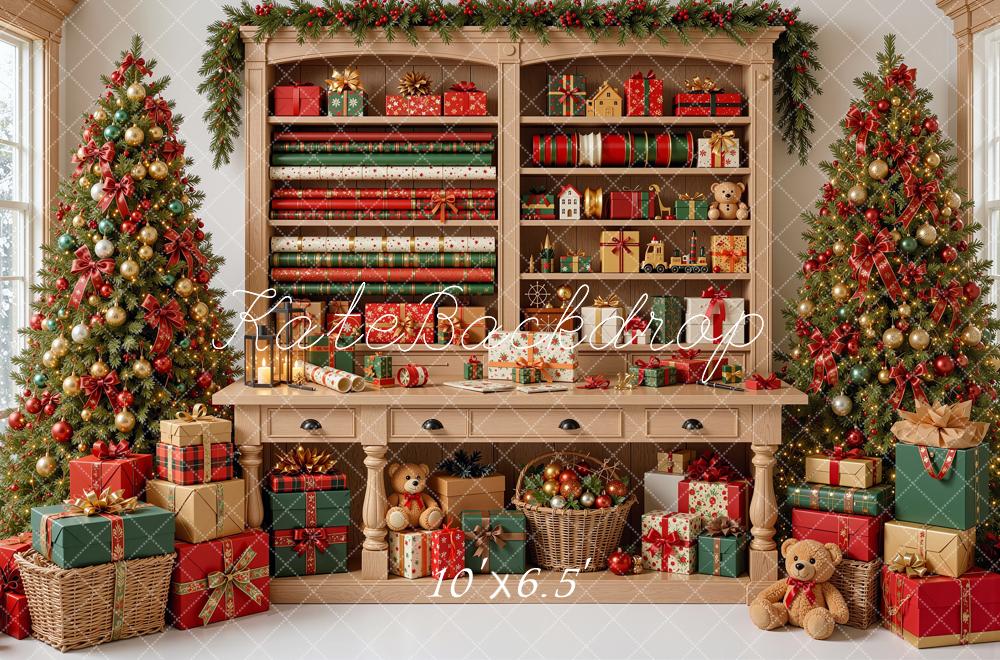 Kate Christmas Gift Wrapping Cabinet Presents Trees Printed Backdrop Designed by Shutter Swan Studios