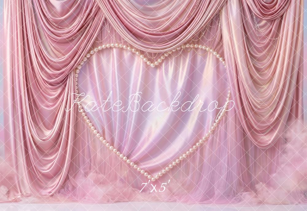 Kate Valentines Romantic Pink Drapes Pearl Heart Printed Backdrop Printed Backdrop Designed by Angela Miller