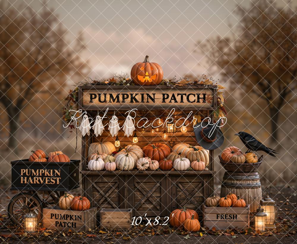 Kate Halloween Pumpkin Patch Ghosts Harvest Stand Forest Printed Backdrop Designed by Emetselch