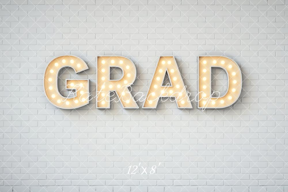 Kate Graduation Grad Marquee Letters White Brick Wall Printed Backdrop Designed by Mini MakeBelieve