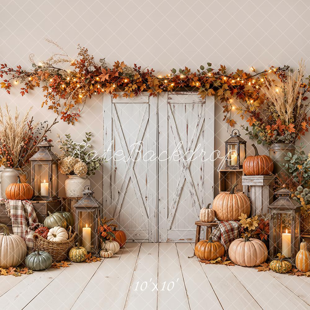 Kate Fall Rustic White Barn Door Pumpkin Lanterns Leaves Printed Backdrop Designed by Emetselch
