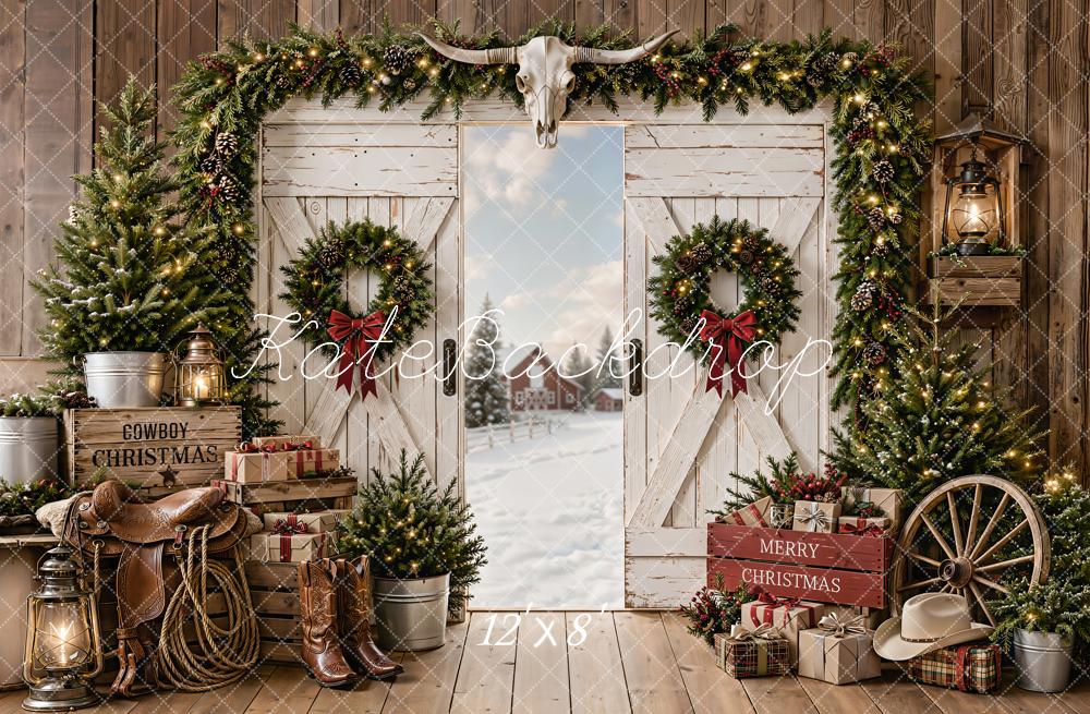 Kate Christmas Cowboy White Barn Door Wreath Garland Snow Printed Backdrop Designed by Emetselch