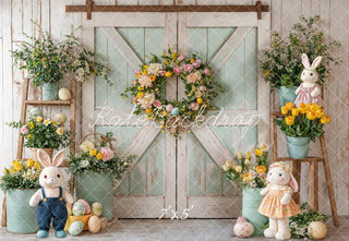 Kate Easter Bunny Mint Green Barn Door Wreath Floral Eggs Printed Backdrop Designed by Emetselch