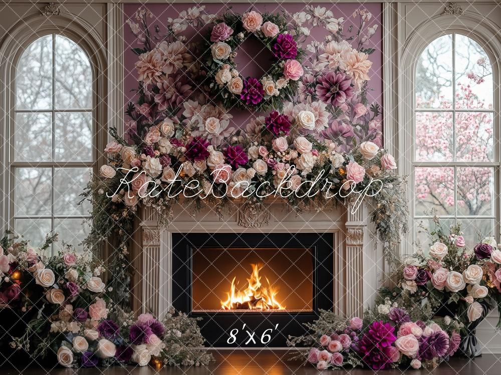 Fondo de chimenea floral morado retro de primavera diseñado por Mini MakeBelieve