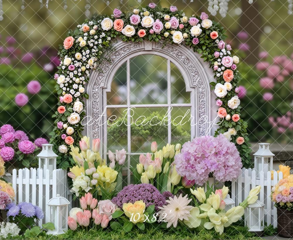 Kate Spring Flower Arch Window Garden White Fence Lanterns Printed Backdrop Designed by Mini MakeBelieve