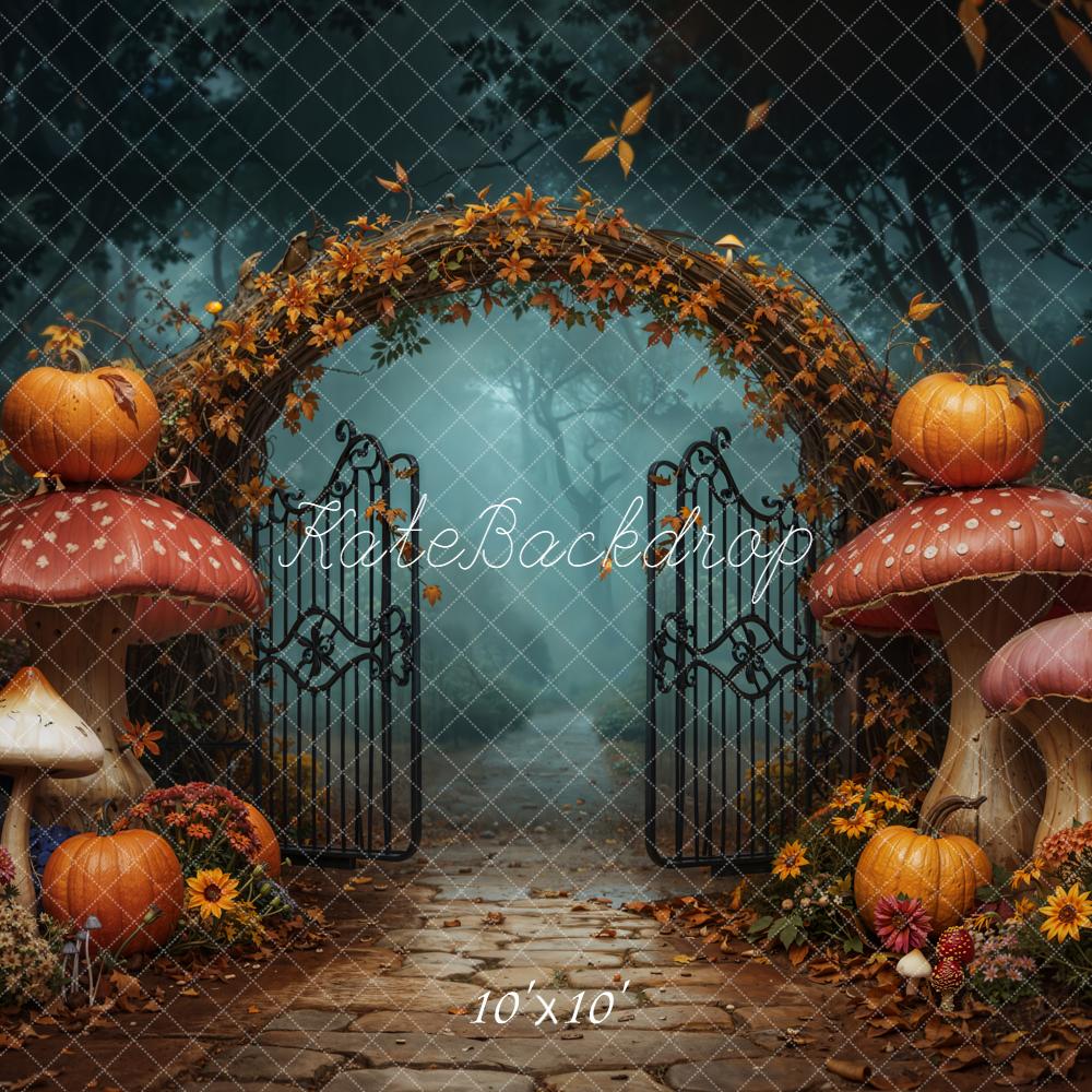 Halloween Mushroom Arch Pumpkins Gate Flowers Printed Backdrop Designed by Emetselch