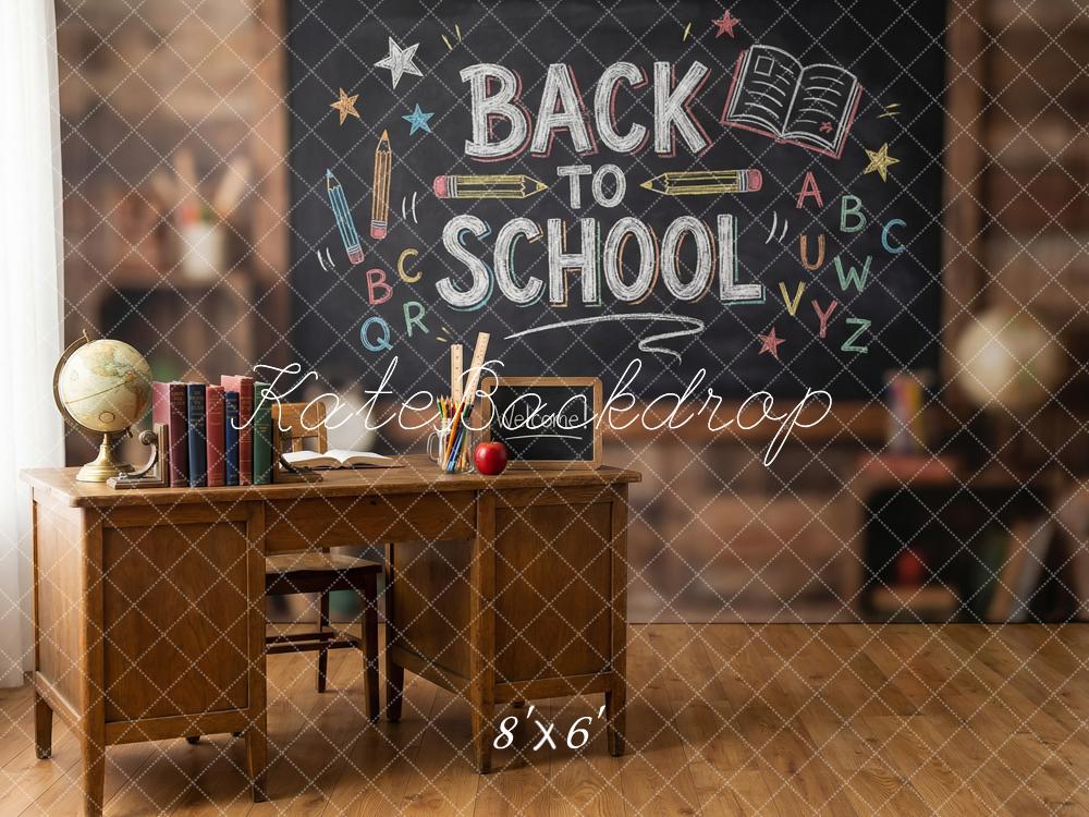 Kate Back to School Chalkboard Desk Globe Books Printed Backdrop Designed by Happy Squirrel Design