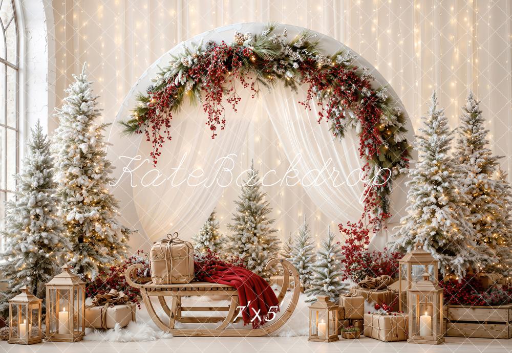Kate Christmas White Circle Arch Drapes Sleigh Trees Lanterns Printed Backdrop Designed by Emetselch