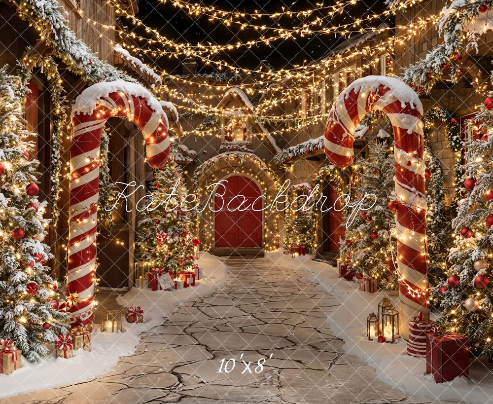 Kate Christmas Candy Cane Snowy Village Lights Backdrop Designed by Emetselch