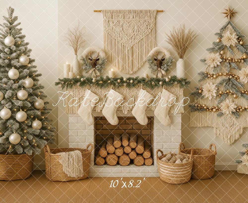 Kate Christmas Boho Neutral Fireplace Macrame Trees Backdrop Designed by Ashley Paul