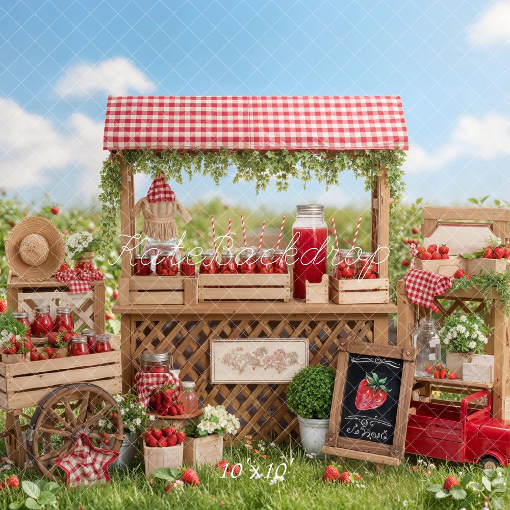 Kate Summer Strawberry Market Stand Wagon Crates Gingham Printed Backdrop Designed by Emetselch