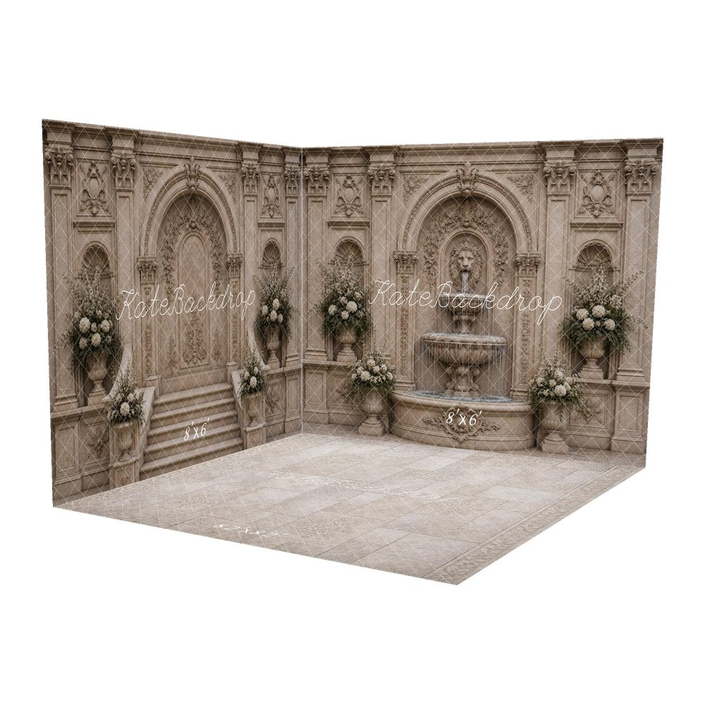 Kate Vintage Fine Art Stone Fountain Floral Columns Printed Backdrop Room Set