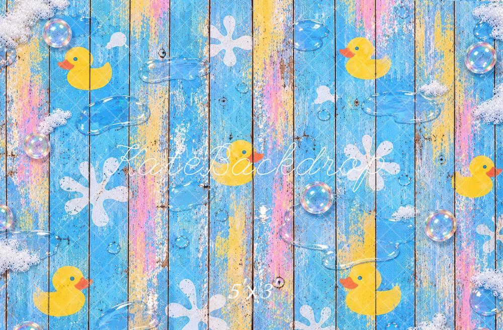 Kate Blue Rubber Duck Bubbles Wood Plank Floor Printed Backdrop Designed by Laura Bybee