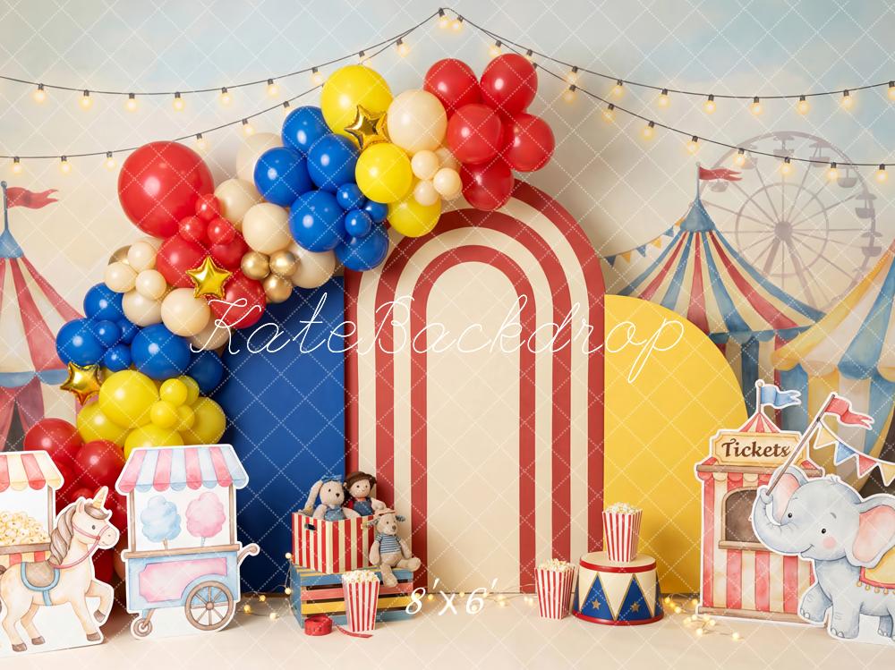 Kate Circus Carnival Tents Balloons Popcorn Elephant Printed Backdrop Designed by Patty Roberts