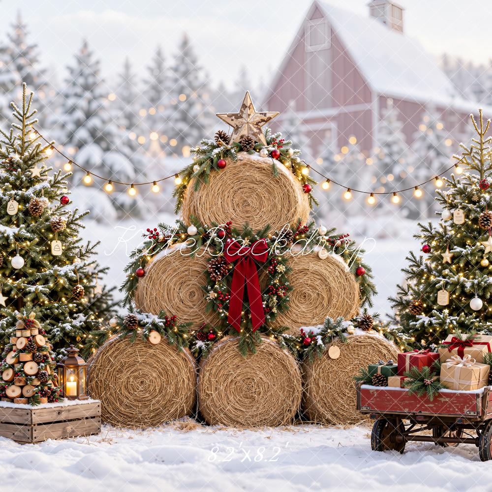 Kate Christmas Hay Bale Tree Snowy Gift Wagon String Lights Printed Backdrop Designed by Emetselch