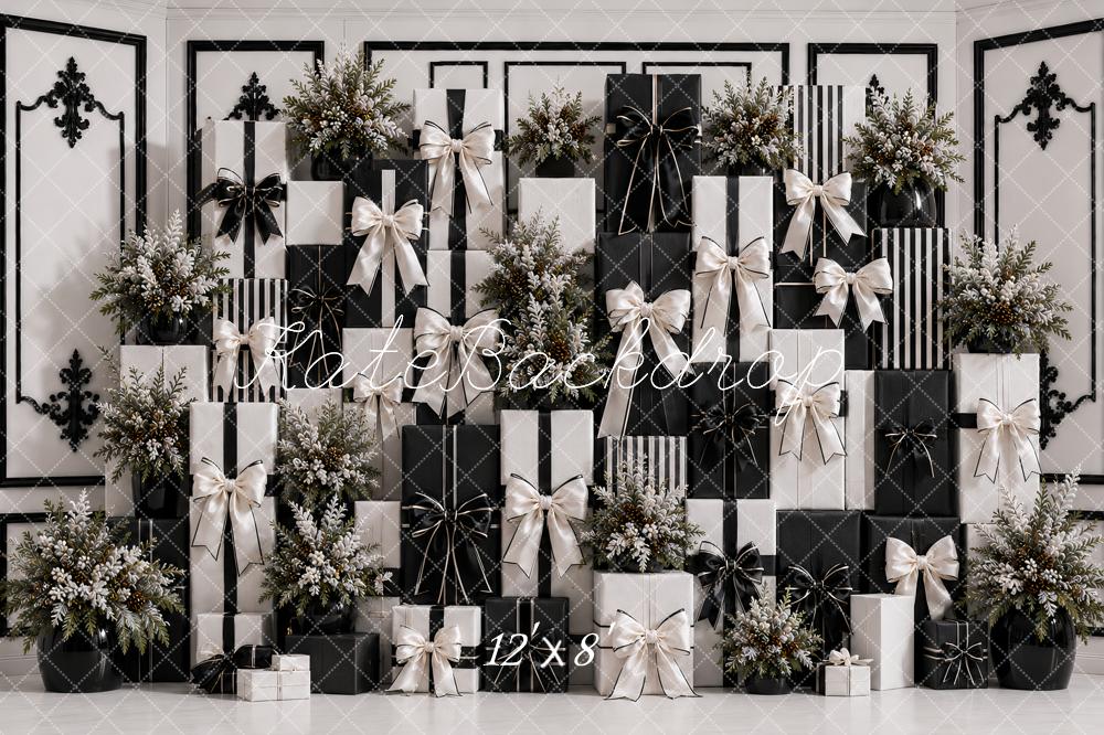 Kate Black White Gift Box Floral Wall Printed Backdrop Designed by Ashley Paul