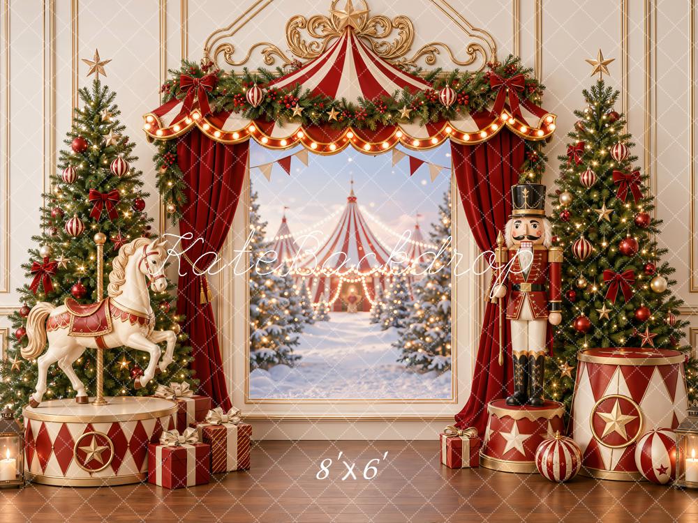 Kate Christmas Circus Carousel Trees Nutcracker Red Curtains Printed Backdrop Designed by Emetselch