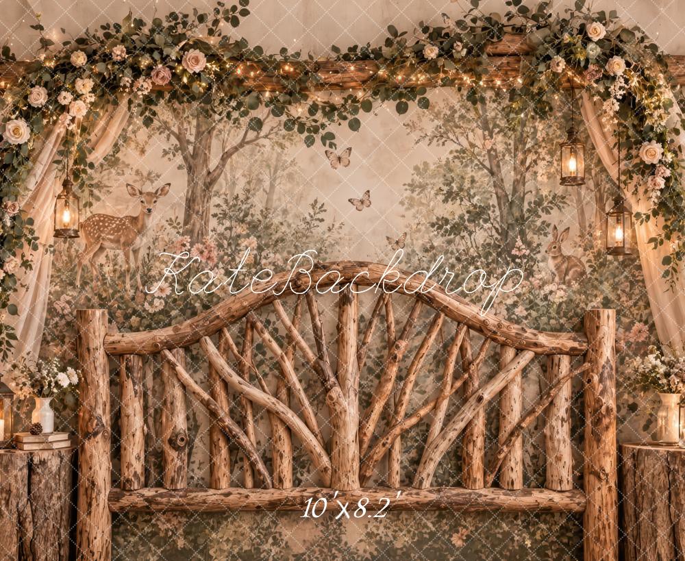 Kate Forest Headboard Rustic Brown Woodland Deer Lanterns Printed Backdrop Designed by Laura Bybee