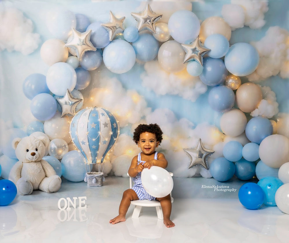 Kate Cake Smash Blue Balloon Arch Hot Air Balloon Teddy Bear Stars Printed Backdrop Designed by Emetselch