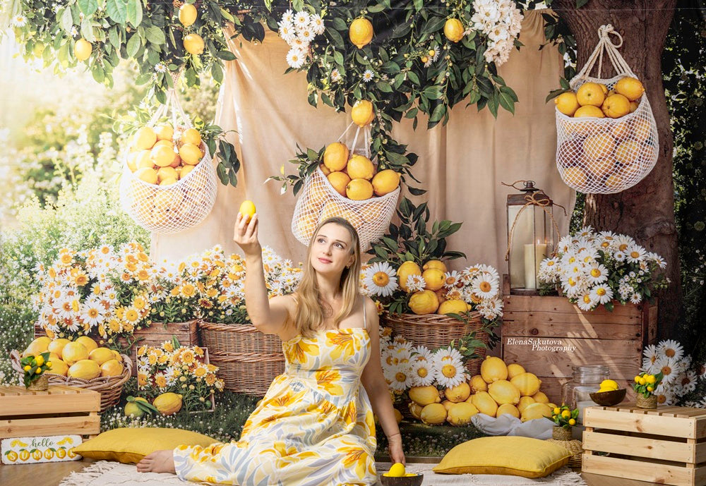 Kate Summer Lemons Baskets Daisy Flowers Picnic Garden Printed Backdrop Designed by Emetselch