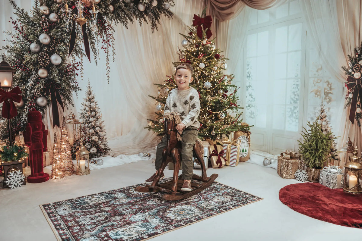 Kate Christmas Circle Flower Arch White Drapes Gold Ornaments Gifts Printed Backdrop Room Set