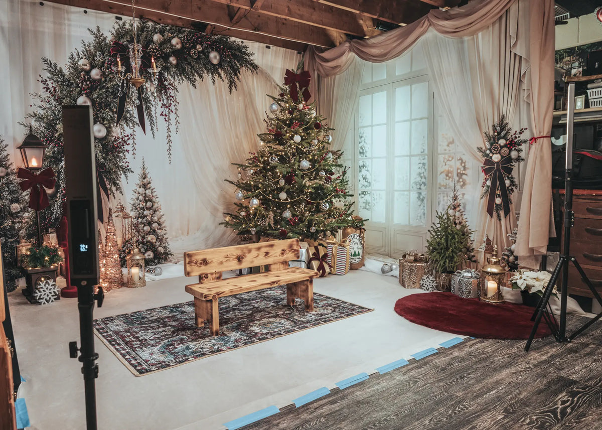 Kate Christmas Circle Flower Arch White Drapes Gold Ornaments Gifts Printed Backdrop Room Set