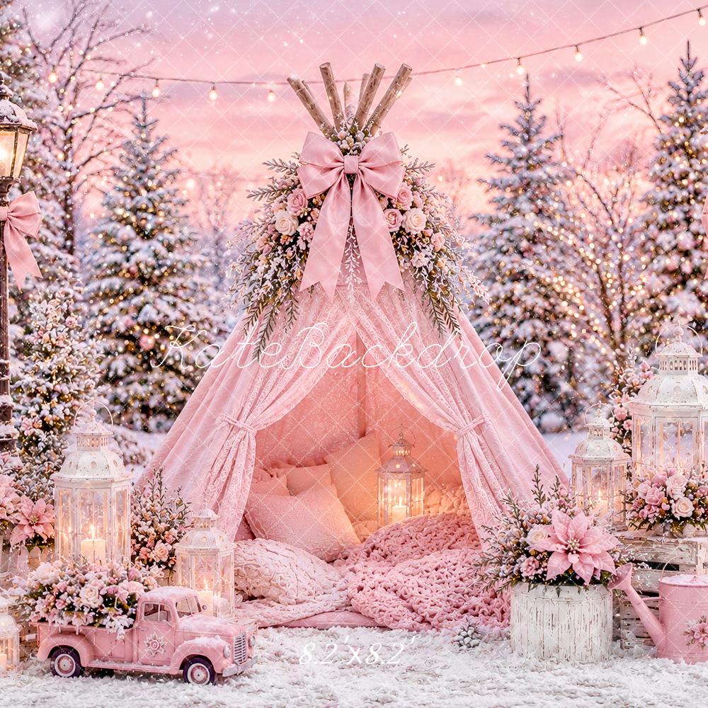 Kate Christmas Pink Floral Winter Teepee Snowy Forest Printed Backdrop Designed by Ashley Paul