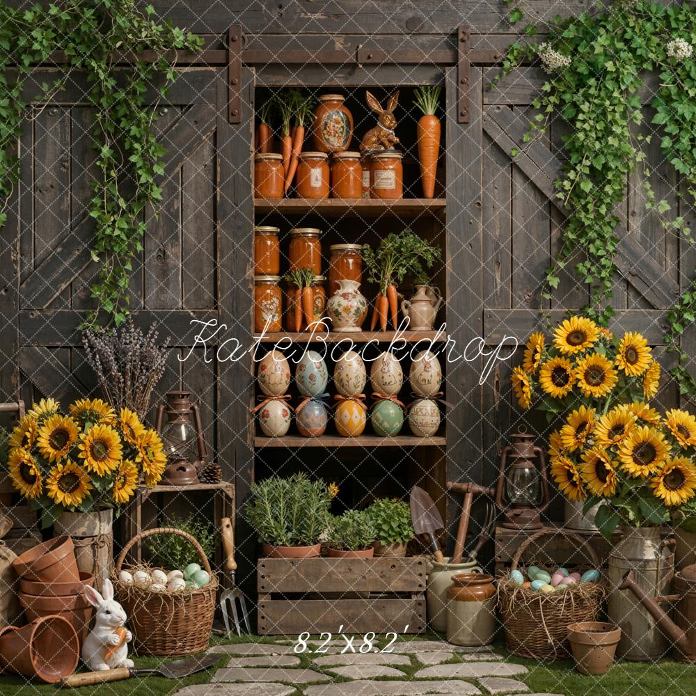 Kate Easter Bunny Sunflowers Rustic Garden Shelf Backdrop Designed by Emetselch