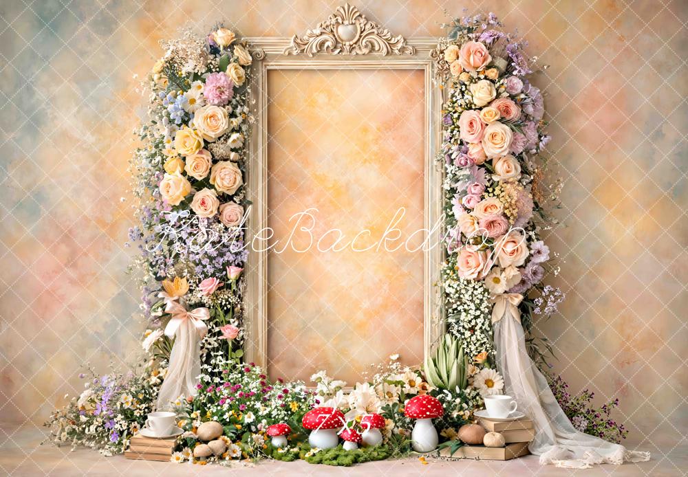 Kate Fairy Flower Arch Vintage Frame Mushrooms Pastel Printed Backdrop Designed by Mini MakeBelieve