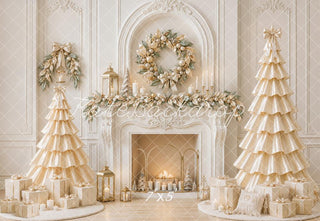 Kate Christmas White Fireplace Wreath Satin Trees Printed Backdrop Designed by Emetselch