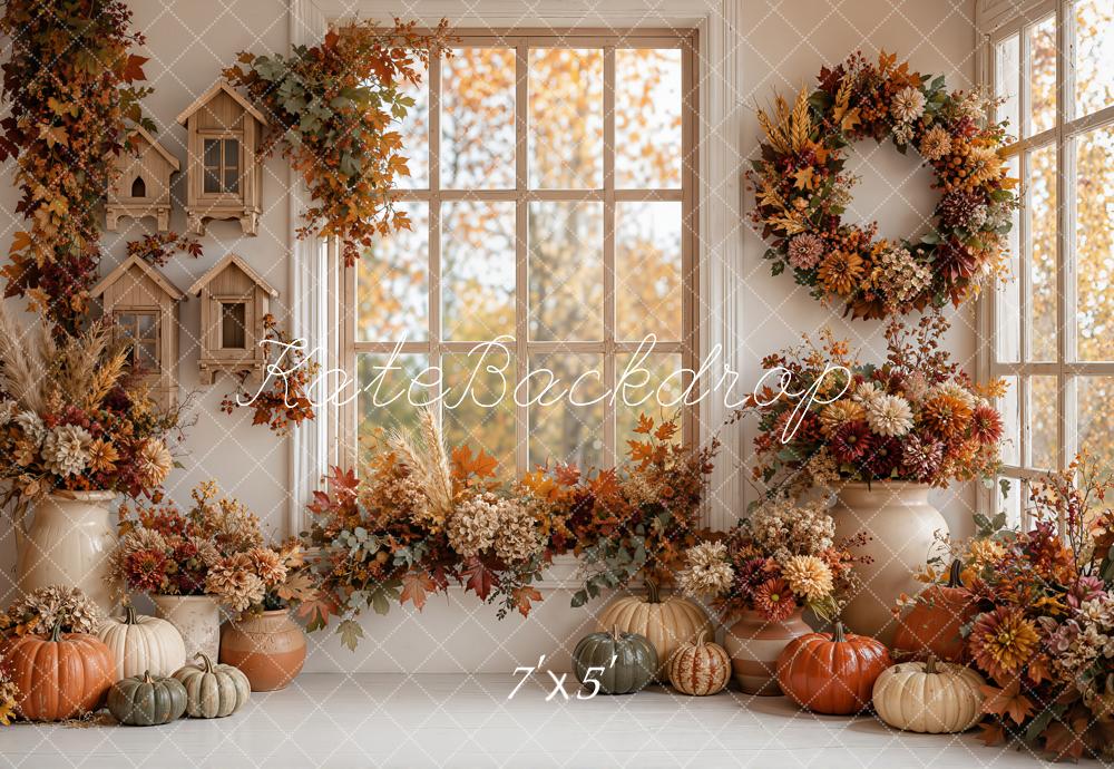 Kate Fall Cozy Interior Pumpkins Floral Window Wreath Printed Backdrop Designed by Emetselch