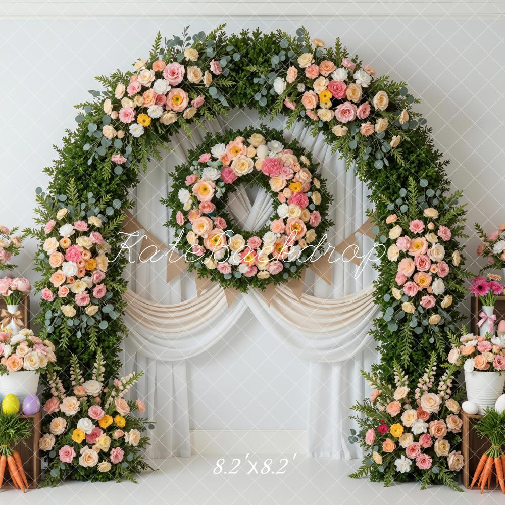 Kate Easter Bunny Flower Arch Pastel Eggs Carrots Printed Backdrop Designed by Mini MakeBelieve