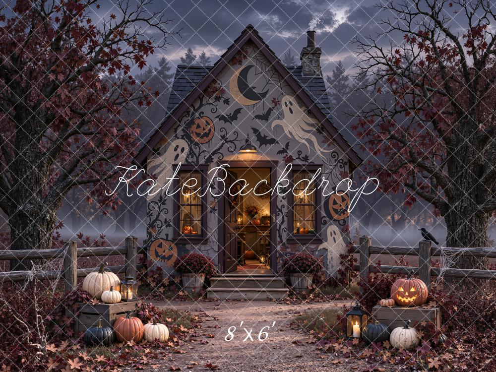 Kate Halloween Haunted House Bats Ghosts Pumpkins Printed Backdrop Designed by Emetselch