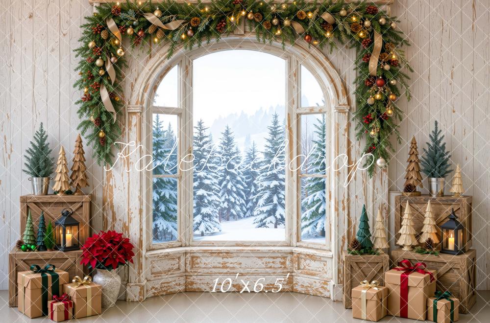 Kate Christmas Vintage Window Garland Gifts Snowy Forest Printed Backdrop Designed by Mini MakeBelieve