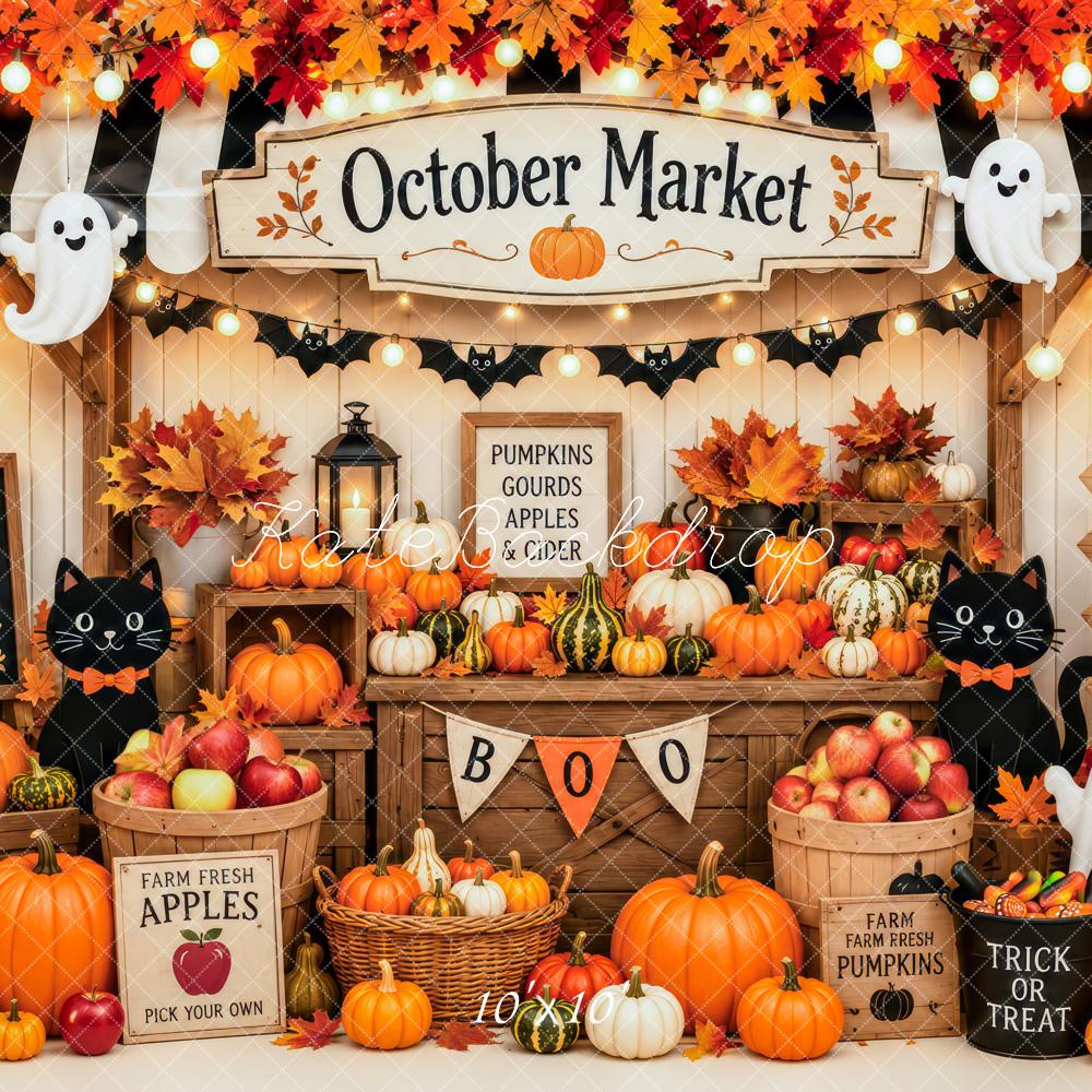 Kate Halloween Market Orange Pumpkin Ghost Cat Kids Printed Backdrop Designed by Patty Roberts