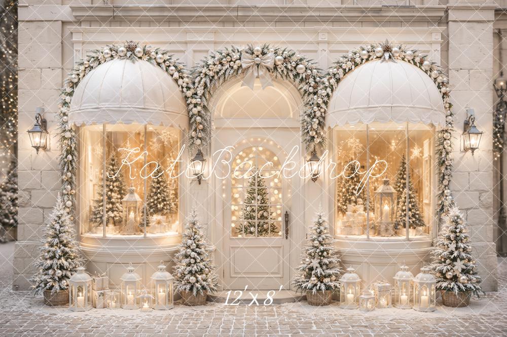 Kate Christmas Shop Arched Window Garland Snowy Trees Printed Backdrop Designed by Emetselch