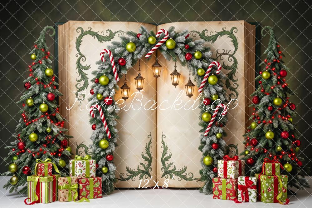 Kate Christmas Tree Fantasy Open Book Arch Candy Canes Gifts Lanterns Printed Backdrop Designed by Patty Roberts