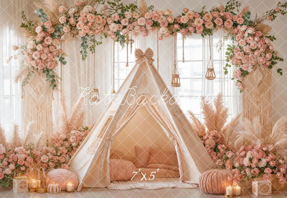 Kate Boho Flower Arch Teepee Pink Floral Macrame Backdrop Designed by Emetselch