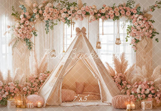 Kate Boho Flower Arch Teepee Pink Floral Macrame Printed Backdrop Designed by Emetselch