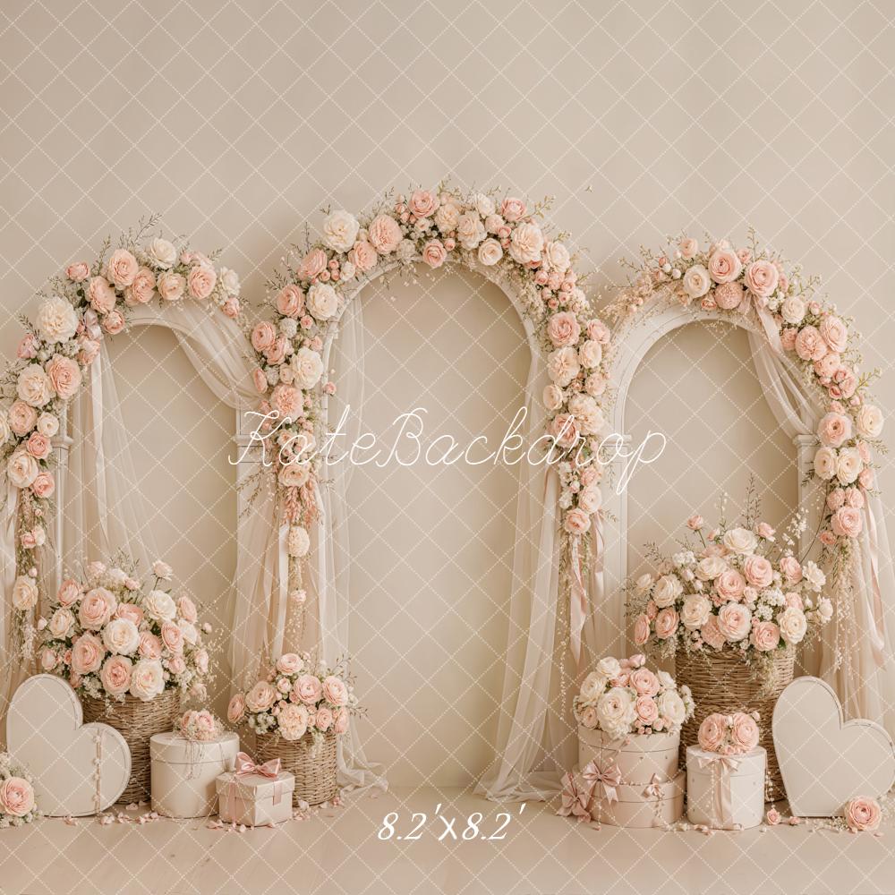 Kate Valentine's Day Pink Floral Arches Sheer Drapes Heart Printed Backdrop Designed by Emetselch