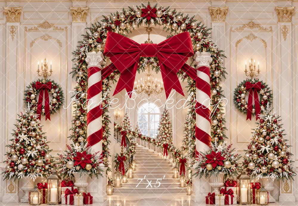 Kate Christmas Red Bow Candy Cane Arch Staircase Printed Backdrop Designed by Emetselch