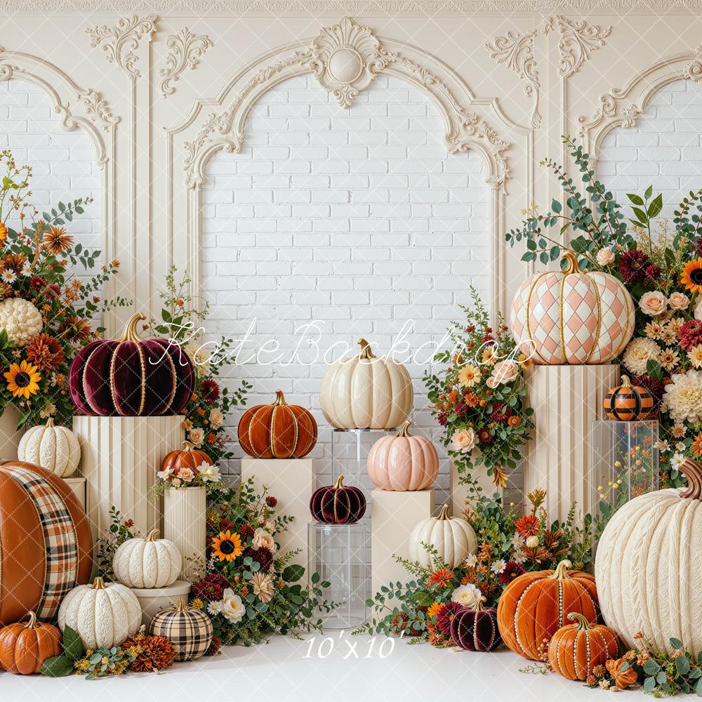 Kate Fall Pumpkin Harvest Floral Arch Vintage Wall Printed Backdrop Designed by Mini MakeBelieve