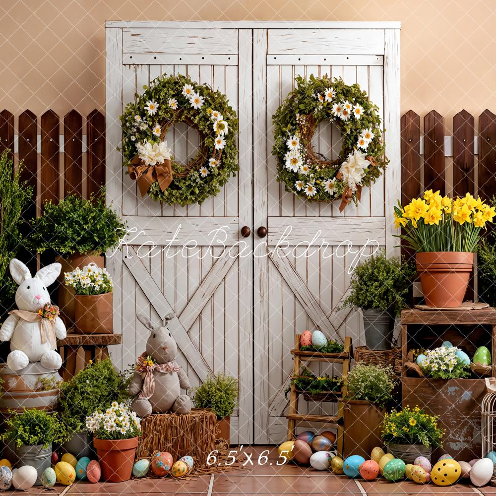 Kate Easter Rustic White Door Bunny Eggs Flowers Fence Backdrop Designed by Emetselch