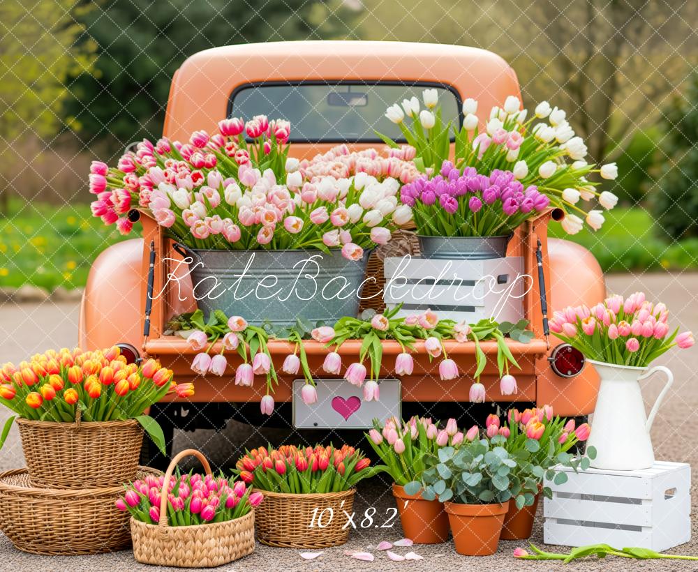 Kate Spring Truck Tulip Flower Baskets Printed Backdrop Designed by Patty Roberts